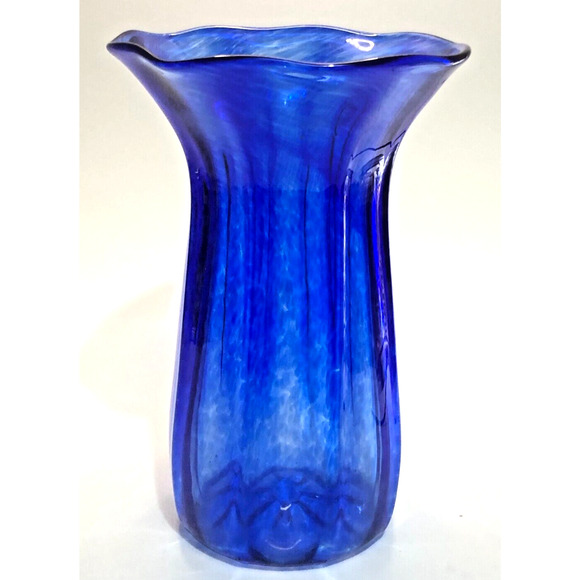 Corning Museum of Glass CMOG 9" Signed Cobalt Blue Swirled Glass Vase Paneled - Picture 1 of 5
